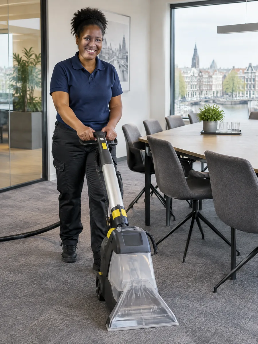 Schoonmaker reinigt tapijt met een machine